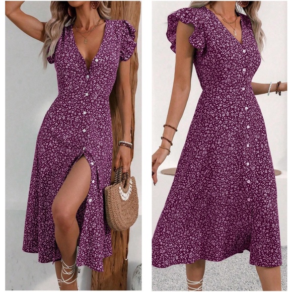 Boho Floral Print Button Down Butterfly Sleeve Midi Dress - Picture 1 of 5